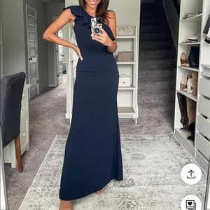 NWT-Lulus-Last Forever Navy Blue One-Shoulder Ruffle Maxi Dress-Size: XS